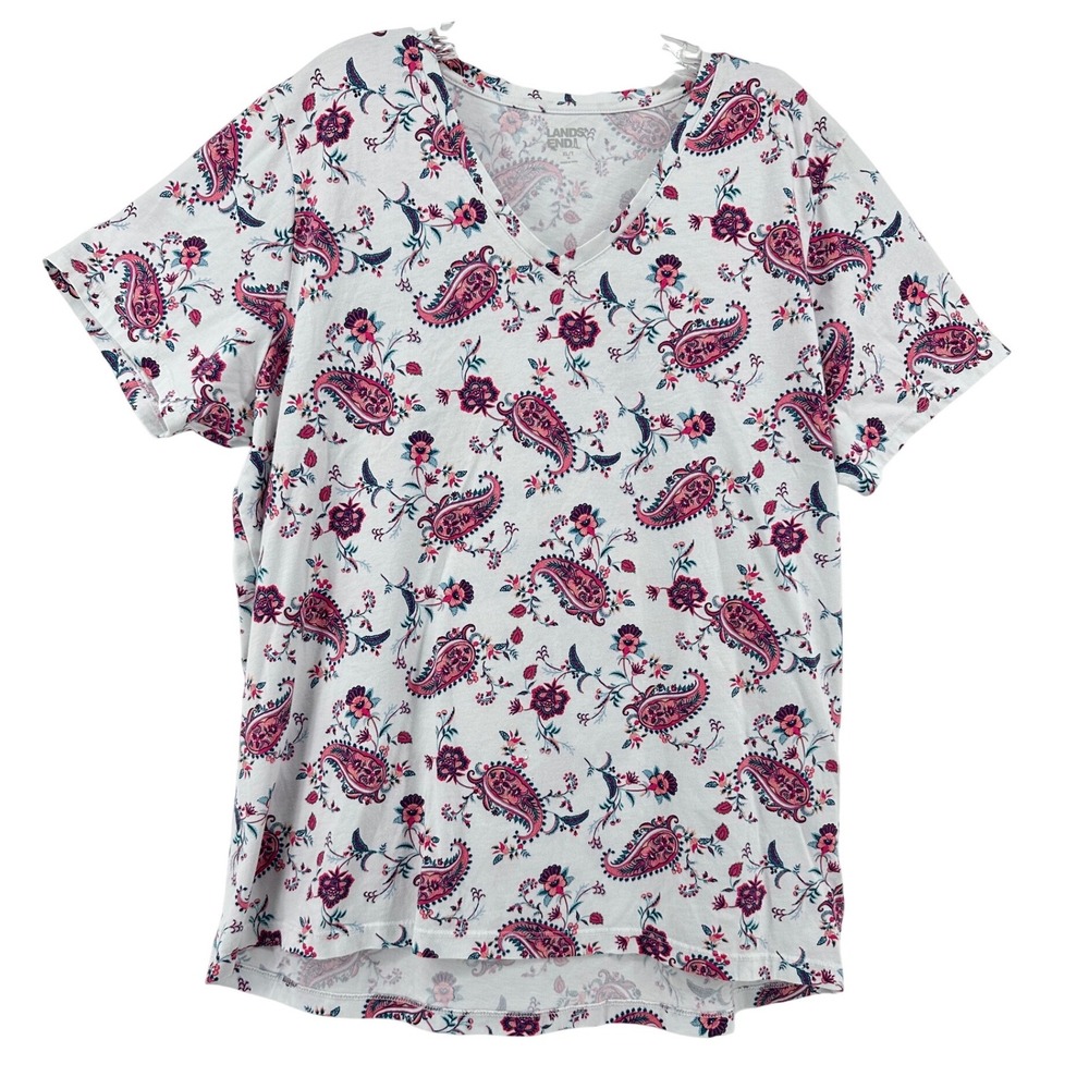 Lands End Womens XL V-Neck T-Shirt White Pink Floral Paisley Short Sleeve Casual